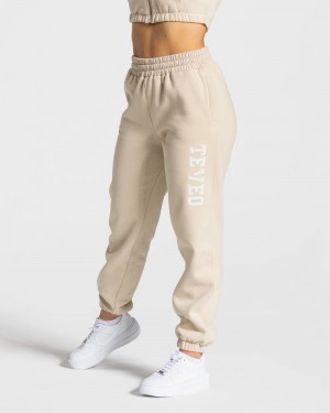 Dámské Kalhoty Jogger Teveo College Oversized Béžový | XRO-0780