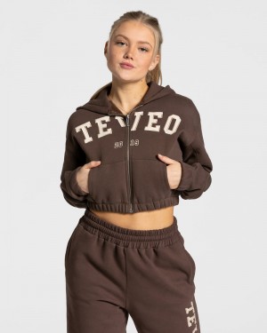 Dámské Mikina s Kapucí Teveo College Zip Tmavě Hnědé | PWQ-5069