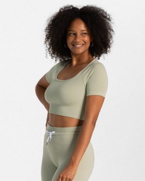 Dámské Topy Teveo Žebrovaný Crop Olivy Zelené | XAA-2376