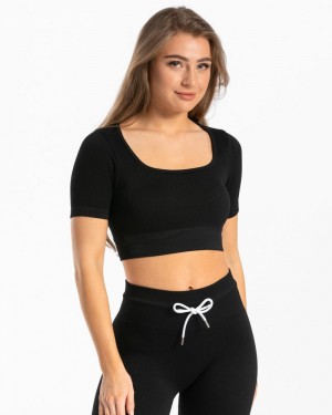Dámské Topy Teveo Žebrovaný Crop Černé | JKA-2862
